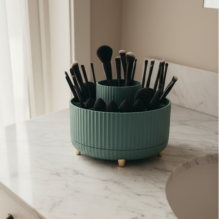 After — Teal Orbit Organiser on Marble Vanity