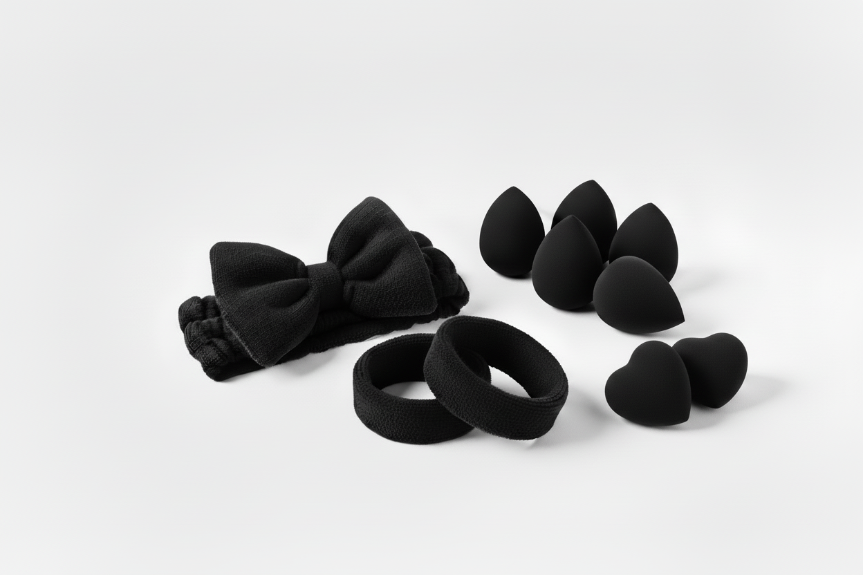 black headbands with bows on them as well as beauty sponges in black 